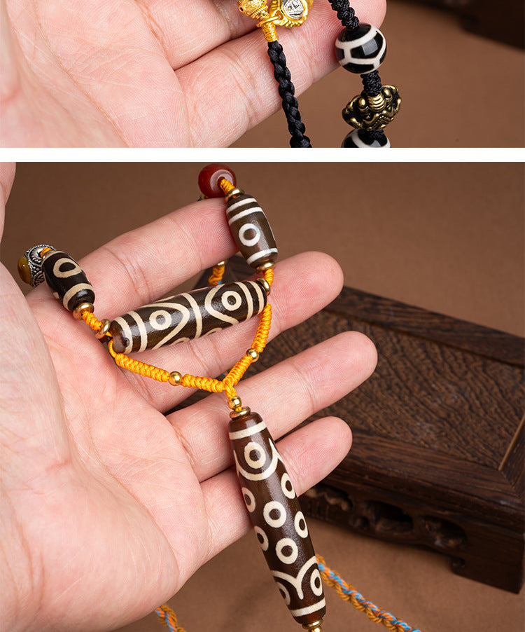 zensoullab Tibetan Nine-Eyed Dzi Bead Necklace with Layered Patina Multi-Totem Agate Pendant Couple Style Woven Necklace