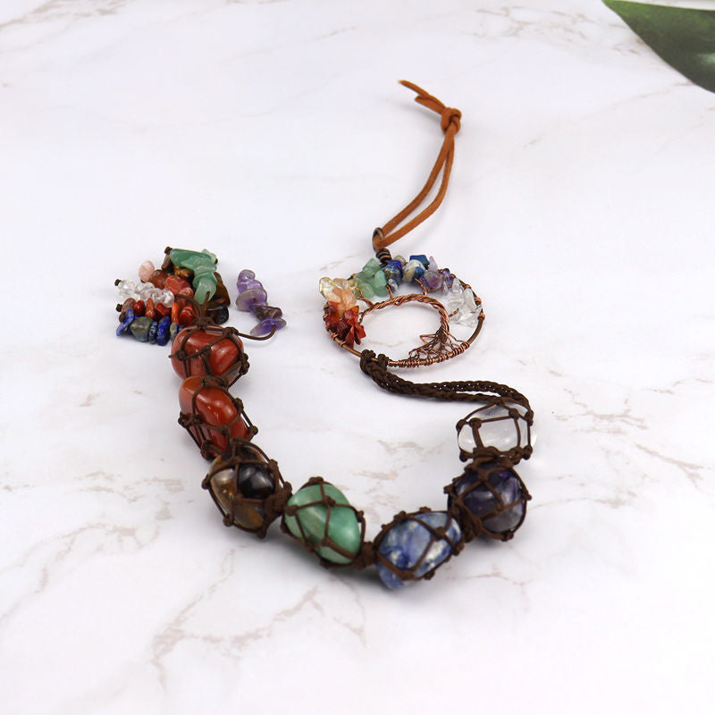 zensoullab7 Colorful Stone Seven Colors Crystal Raw Stone Hand-woven Pendant Natural Stone Tree of Life Car Hanging Dream Catcher Ornament