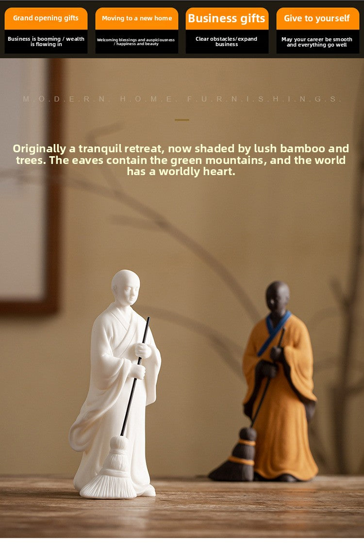 zensoullab Sweeping Monk Ceramic Little Monk Creative Ornament Chinese Style Study Office Zen Desktop Decoration Craft Display