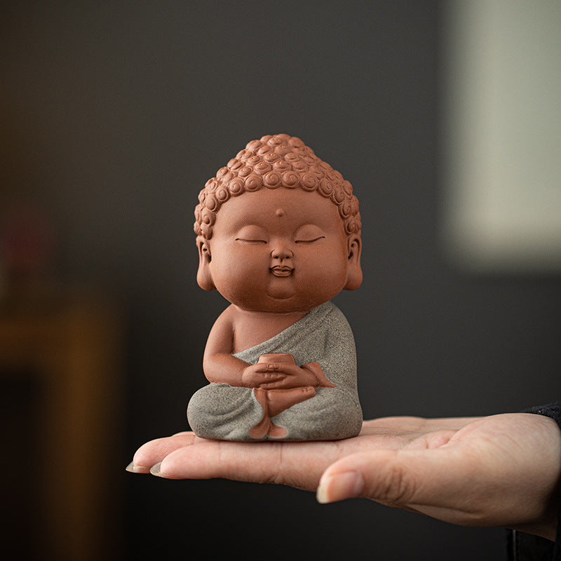 zensoullab Zen Purple Clay Small Buddha Figurine Cute Buddha Statue Chinese Style Home Tea Room Curio Shelf Tea Table Decoration