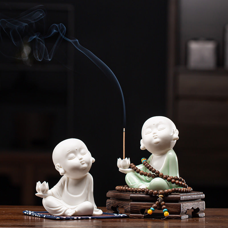 Zensoullab Creative Chinese Ceramic Ornaments Household Line Aromatherapy Stove Samanera Little Monk Incense Holder Incense Burner Tray Sandalwood Holder Indoor
