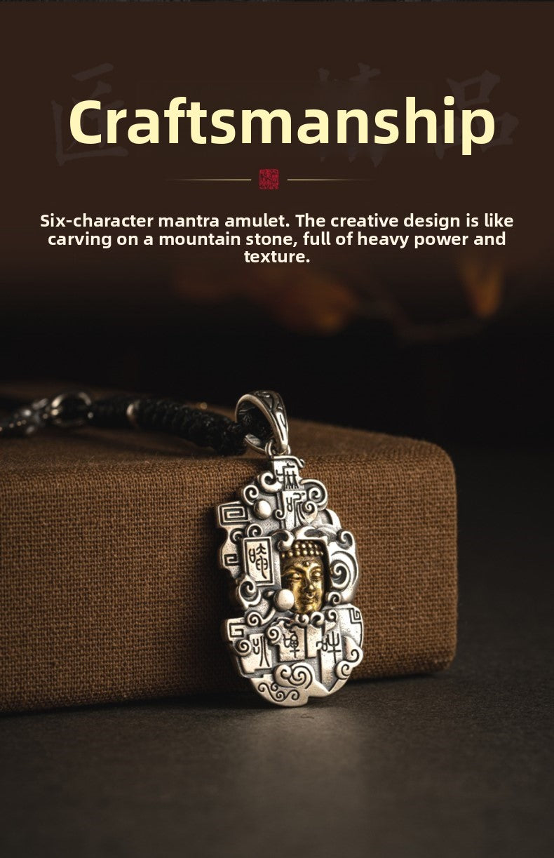 zensoullab Thai Silver Personalized Retro Six-Word Mantra Buddha Head Armor Trendy Creative Peace Jewelry Necklace Pendant for Men and Women