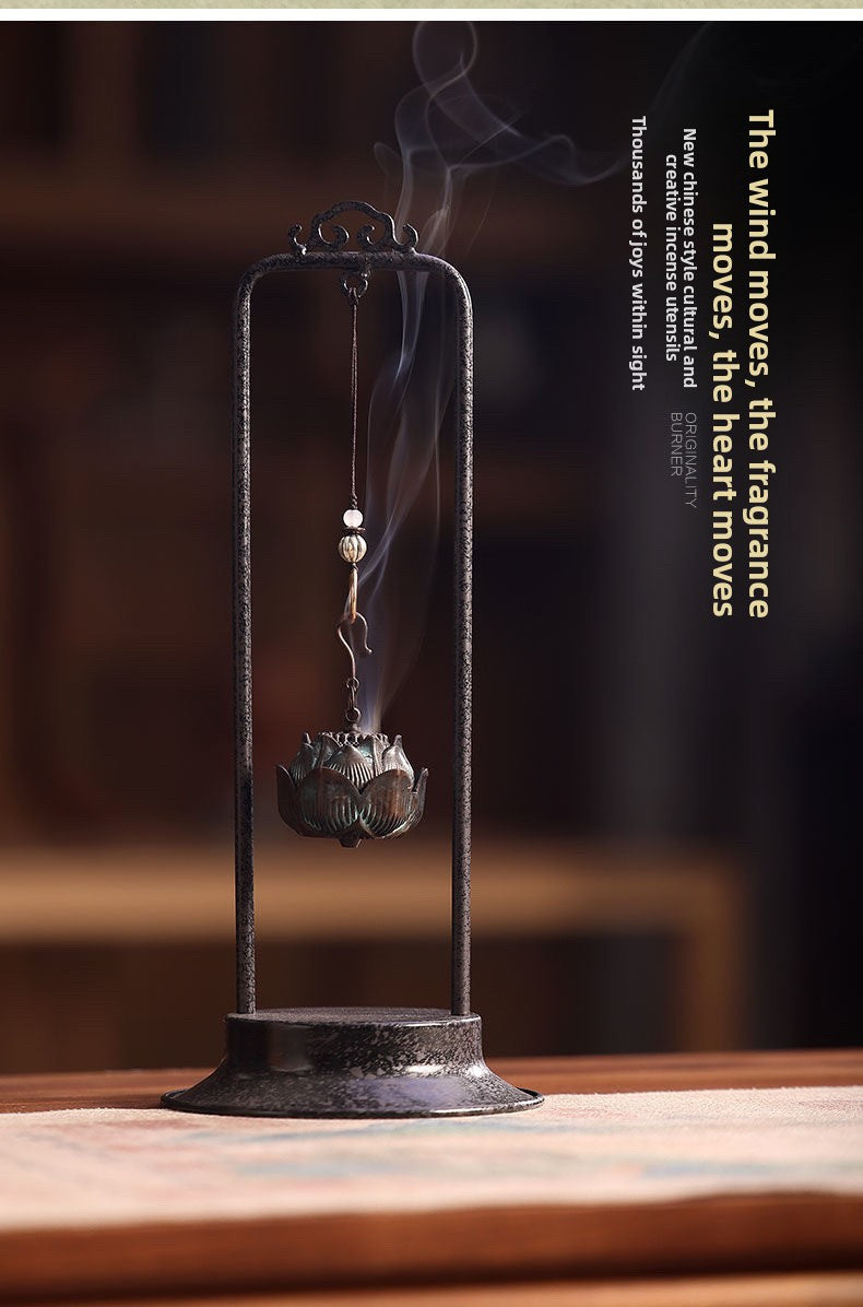 zensoullab Lotus Hanging Incense Burner Antique Chinese Style Metal Aromatherapy Burner Home Indoor Agarwood Incense Holder Tea Ceremony Coil Incense Burner