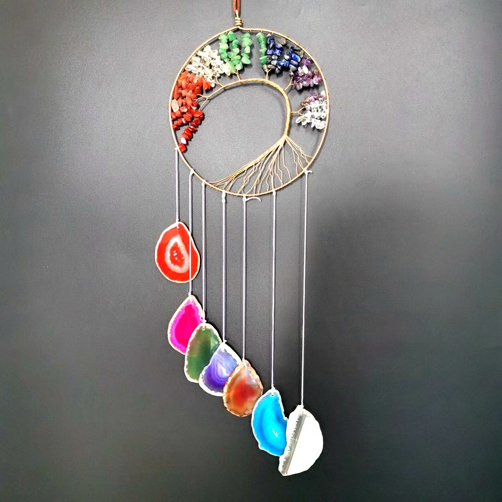 zensoullab Handmade Wrapped Natural Crushed Stone Tree of Life Agate Slice Hanging Ornament Garden Decoration Curtain Pendant