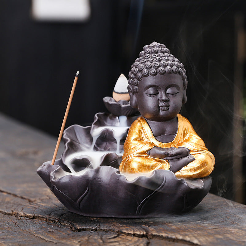zensoullab Purple Clay Lotus Leaf Backflow Incense Burner Home Decor Creative Lotus Gold-Plated Buddha Incense Backflow Burner