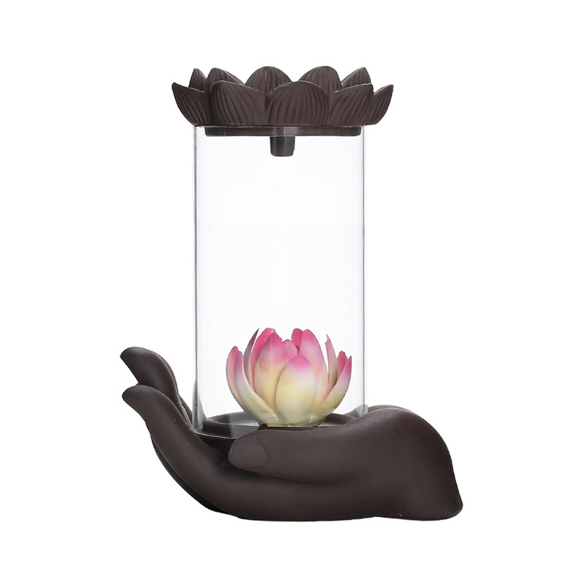 zensoullab Purple Clay Backflow Incense Burner Buddha Hand Lotus Acrylic Cover Agarwood Sandalwood Creative Home Decor Gift