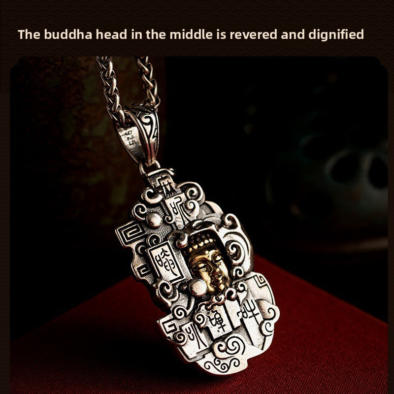 zensoullab Thai Silver Personalized Retro Six-Word Mantra Buddha Head Armor Trendy Creative Peace Jewelry Necklace Pendant for Men and Women
