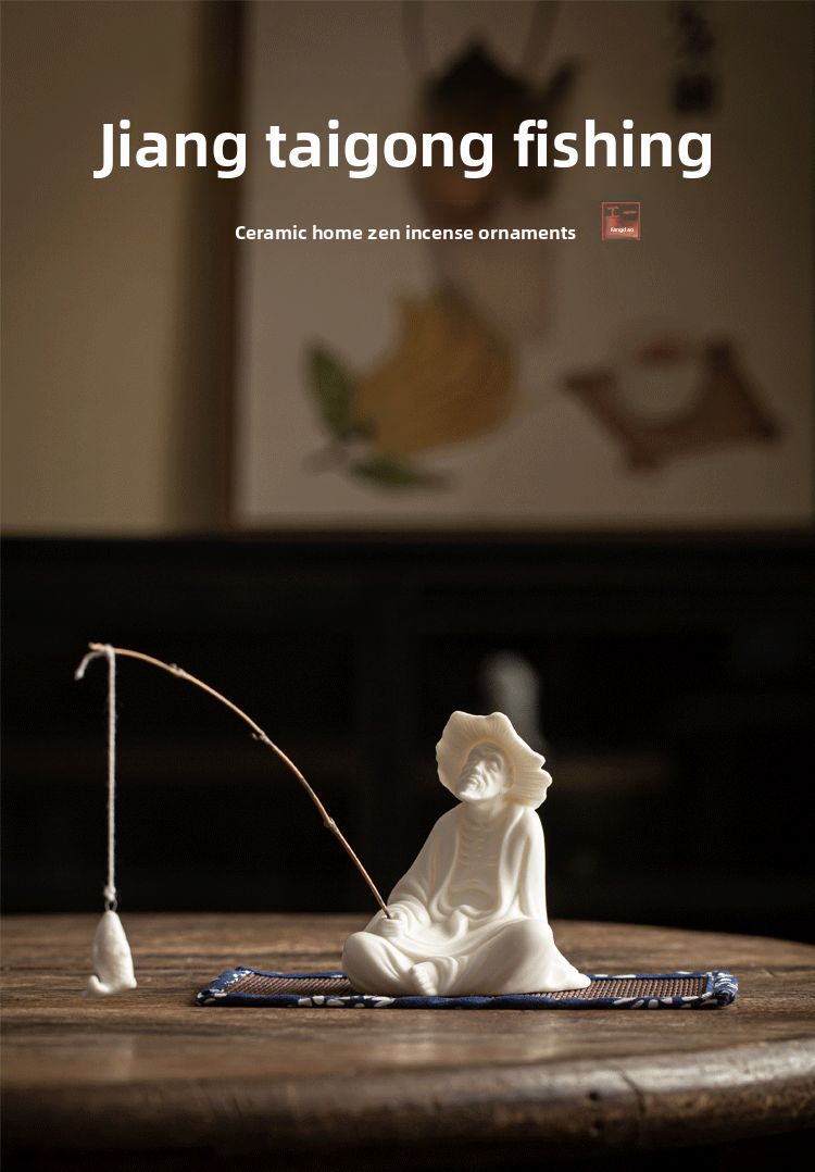 zensoullab Creative Jiang Taigong Fishing Old Man Ceramic Incense Burner Ornament Tea Pet Decoration Living Room Home Sandalwood Incense Holder Incense Ceremony