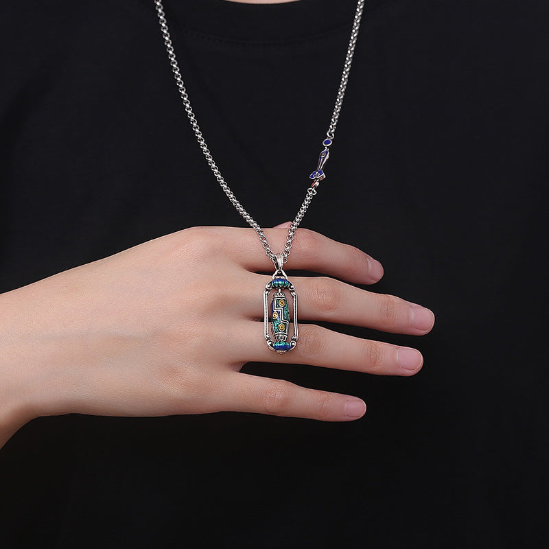 zensoullab Vintage Ethnic Landscape Thai Blue Enamel Nine-Eyed Dzi Bead Lotus Prayer Wheel Necklace for Women Exquisite Versatile Creative Jewelry