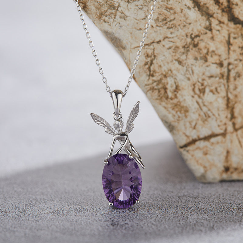 zensoullabs 925 Sterling Silver Inlaid Natural Gemstone Amethyst Pendant Angel Necklace for Women