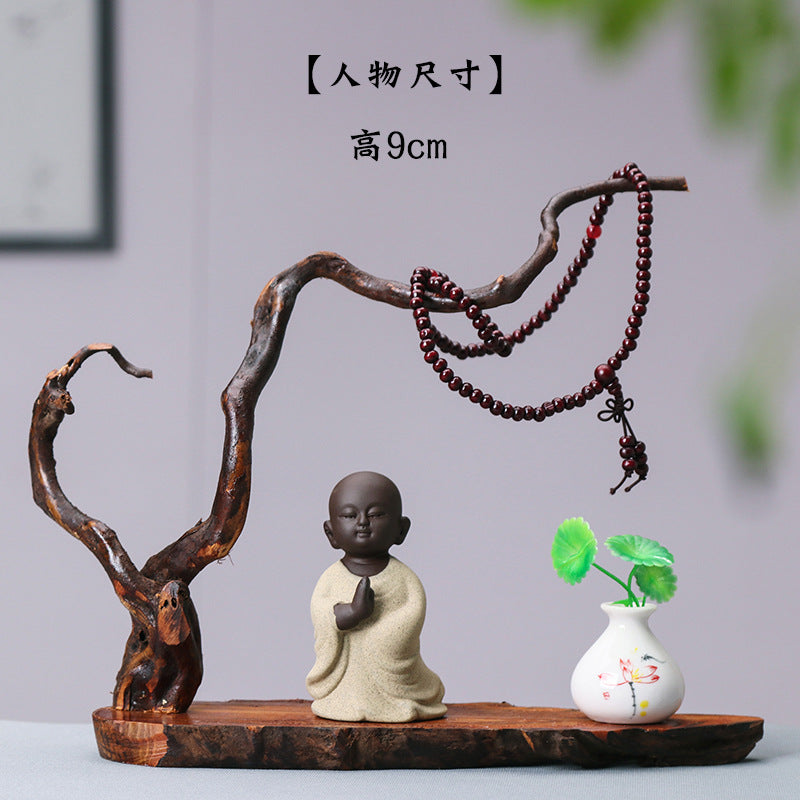 zensoullab Zen New Chinese Style Root Carving Set Ornament Purple Clay Little Monk Living Room TV Cabinet Tea Table Entrance Creative Decoration