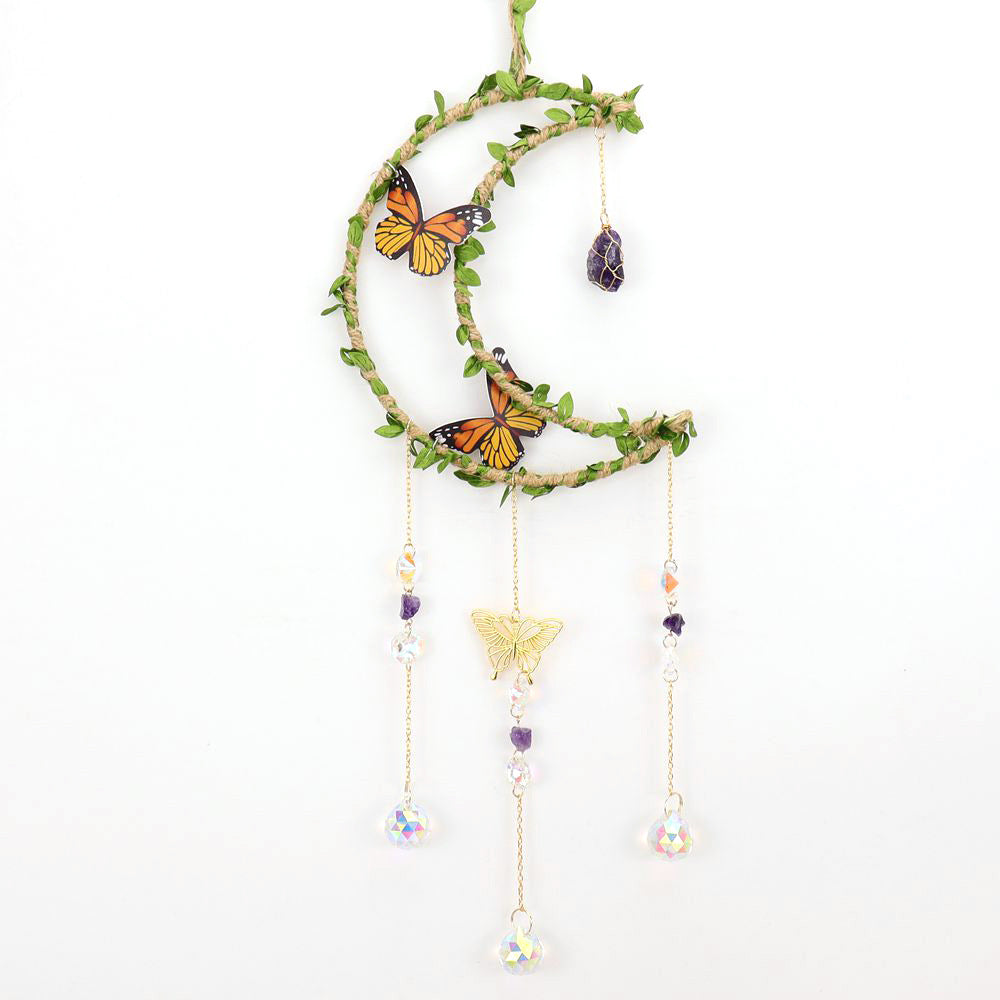 zensoullab Sun Catcher Hemp Rope Wrapped Leaf Butterfly Large 16cm Moon Gravel Crystal Ball Decoration Pendant