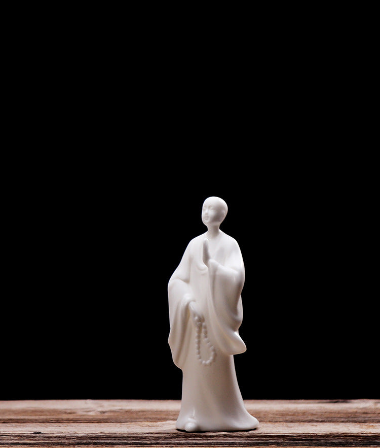zensoullab Zen Character Ceramic Little Monk Chinese Style Ornament White Porcelain Blessing Little Novice Living Room Root Carving Study Room Soft Decoration