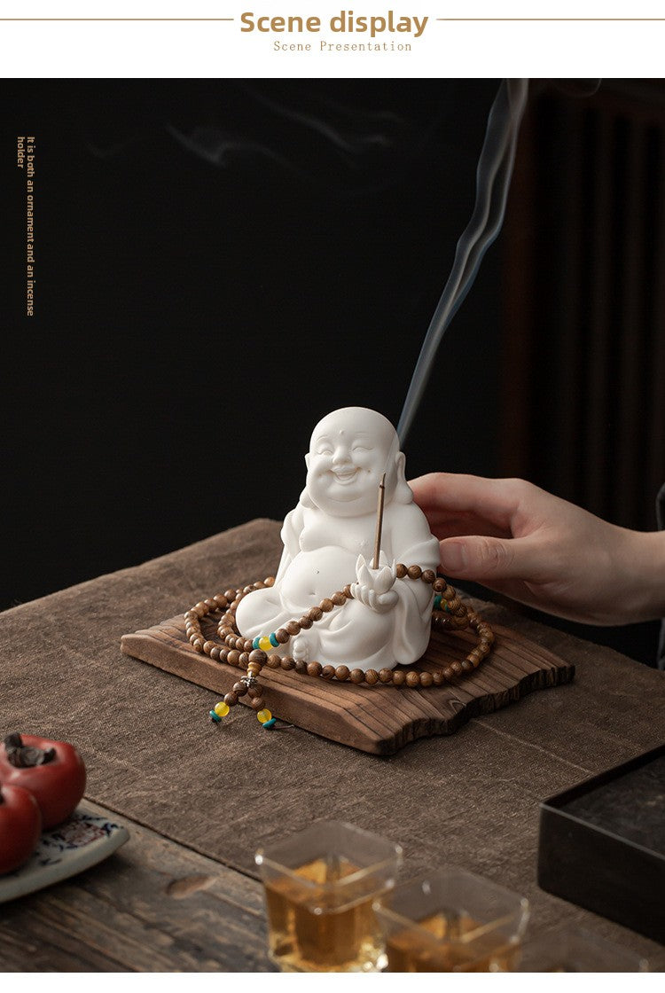 zensoullab Creative New Chinese Style Ceramic Maitreya Buddha Statue Desktop Ornament Home Incense Holder Incense Burner Incense Tray