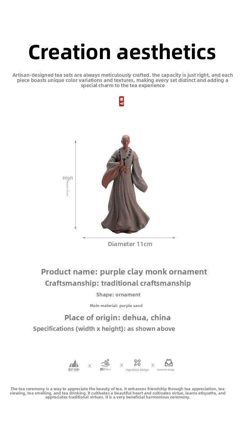 zensoullab Creative New Chinese Style Large Purple Clay Little Monk Figurine Tea Room Living Room Entrance Zen Little Monk Ceramic Character Decoration