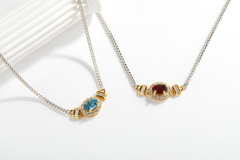 zensoullabs 925 Sterling Silver Inlaid Natural Multicolor Optional Gemstone Egg Pendant Collarbone Necklace Light Luxury Niche High-end Feel