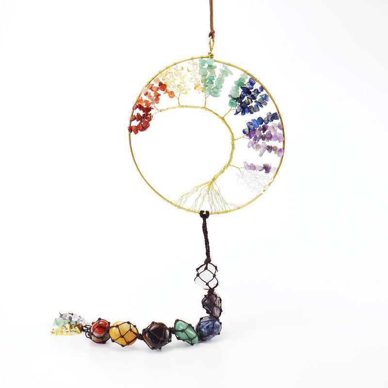 zensoullab7 Colorful Stone Seven Colors Crystal Raw Stone Hand-woven Pendant Natural Stone Tree of Life Car Hanging Dream Catcher Ornament