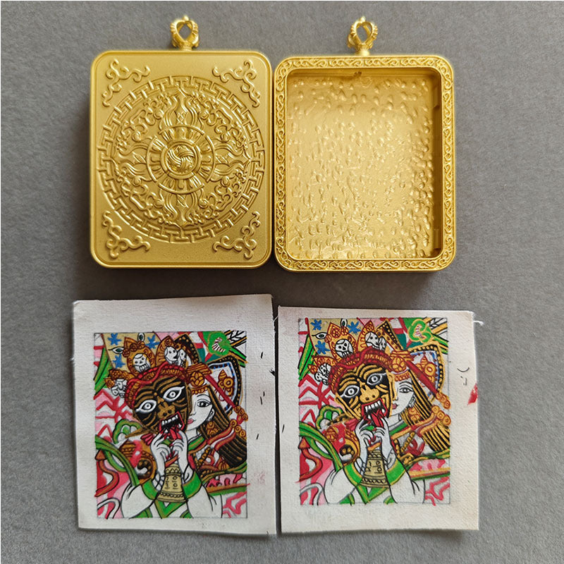 zensoullab Nepal Hand-painted Female God of Wealth Zaki Ram Past and Present Life Thangka Tibetan God of Wealth Small Thangka Gawu Box Pendant