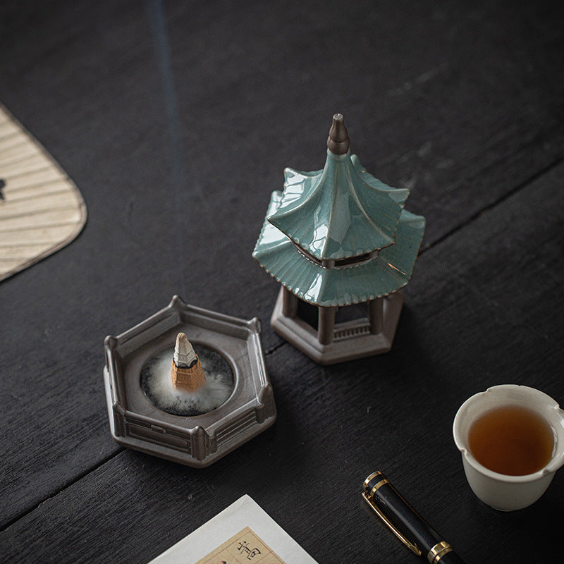 Zensoullab Creative Ceramic Hexagonal Pavilion Tower Incense Burner Home Indoor Incense Burner Zen Tea Room Incense Box Decoration the Machine of Incensing