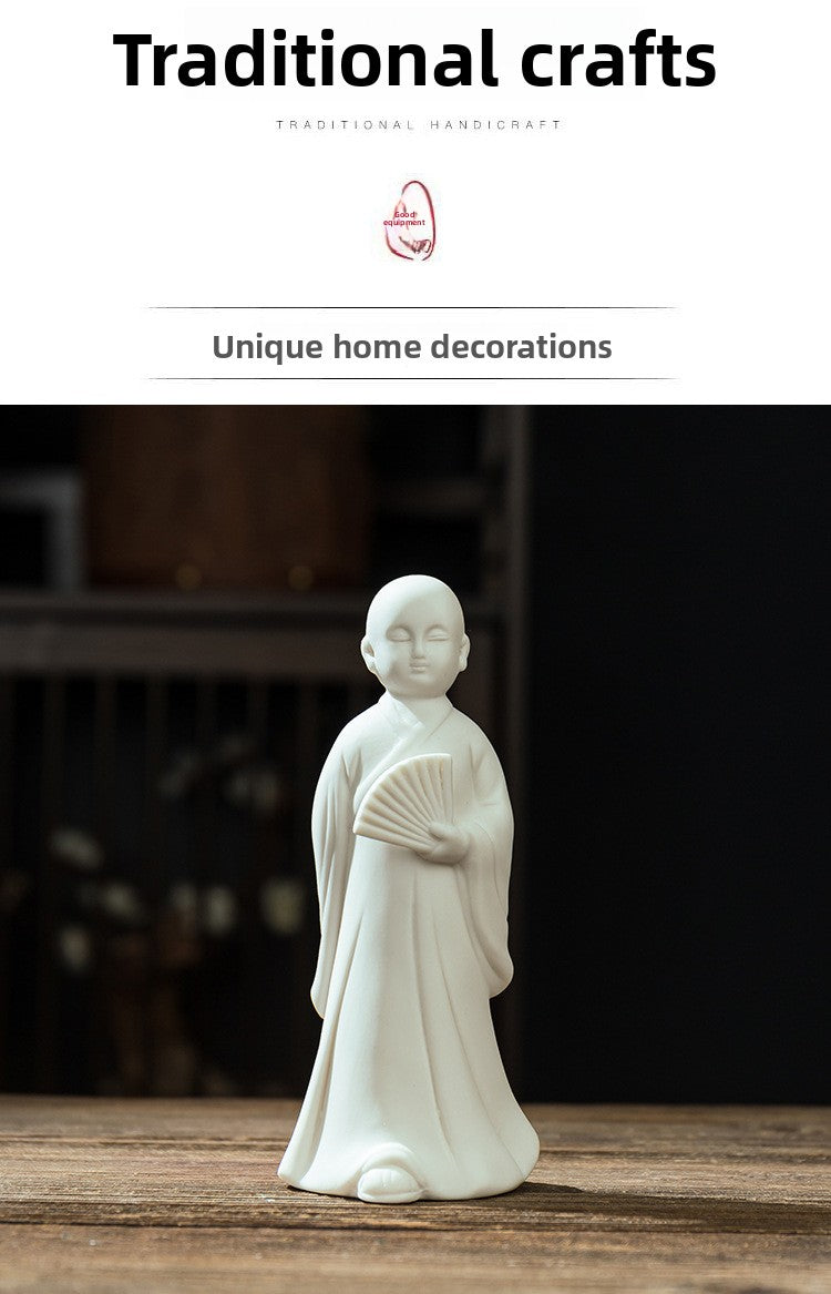 zensoullab Zen Ceramic Little Monk Figurine White Porcelain Little Novice Creative Chinese Style Living Room Entrance Tea Table Incense Home Decor