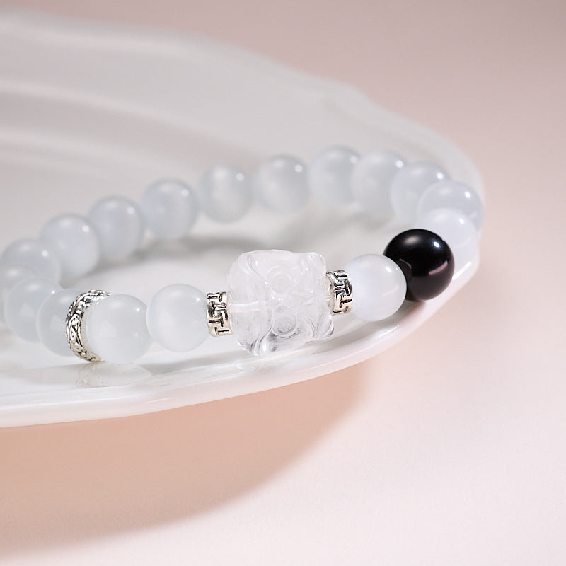 zensoullab520 Natural Obsidian Lion Awakening White Moonlight Cat's Eye Crystal Bracelet