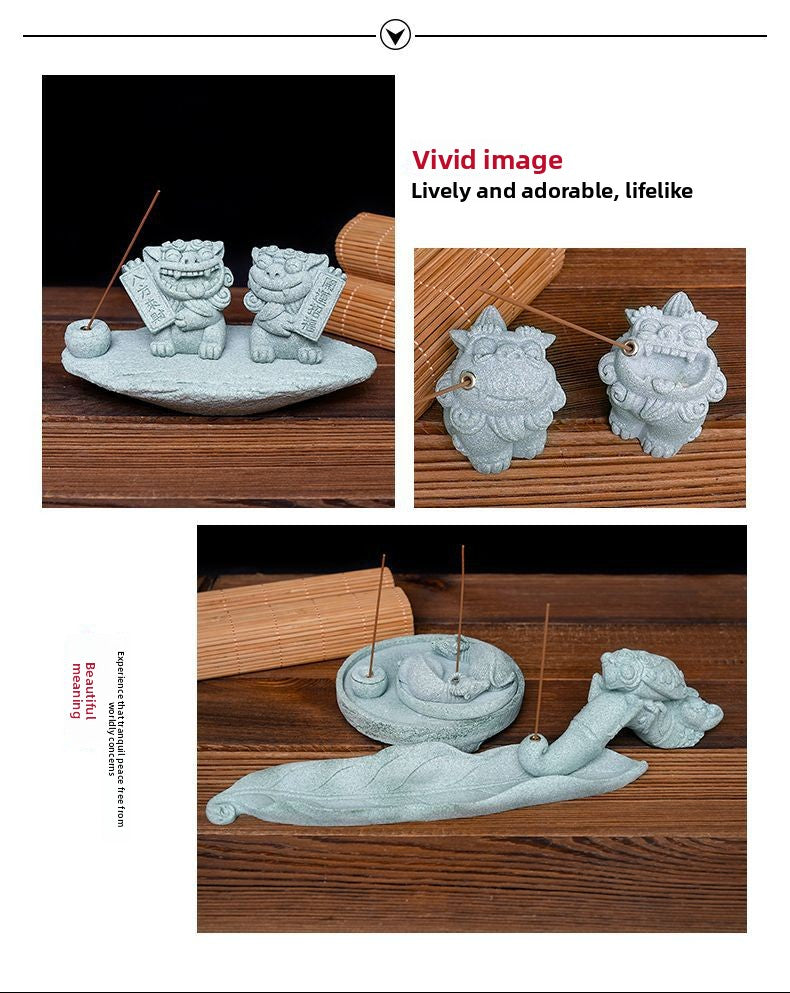 zensoullab Chinese Style Stone Lion Incense Holder Indoor Incense Stick Sandalwood Agarwood Small Incense Tray Creative Festive Tea Ceremony Desktop Ornament