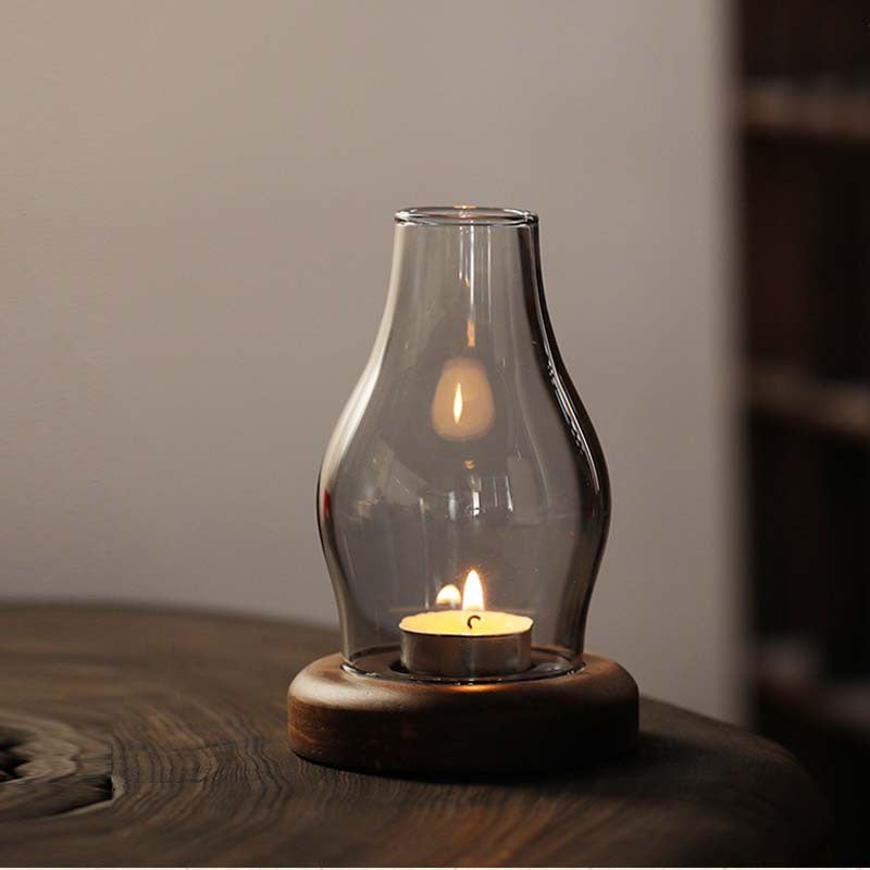 Zensoullab Japanese Style Solid Wood Windproof Glass Lampshade Candlestick Vintage Aromatherapy Candle Light Coffee Table Zen Atmosphere Ornaments
