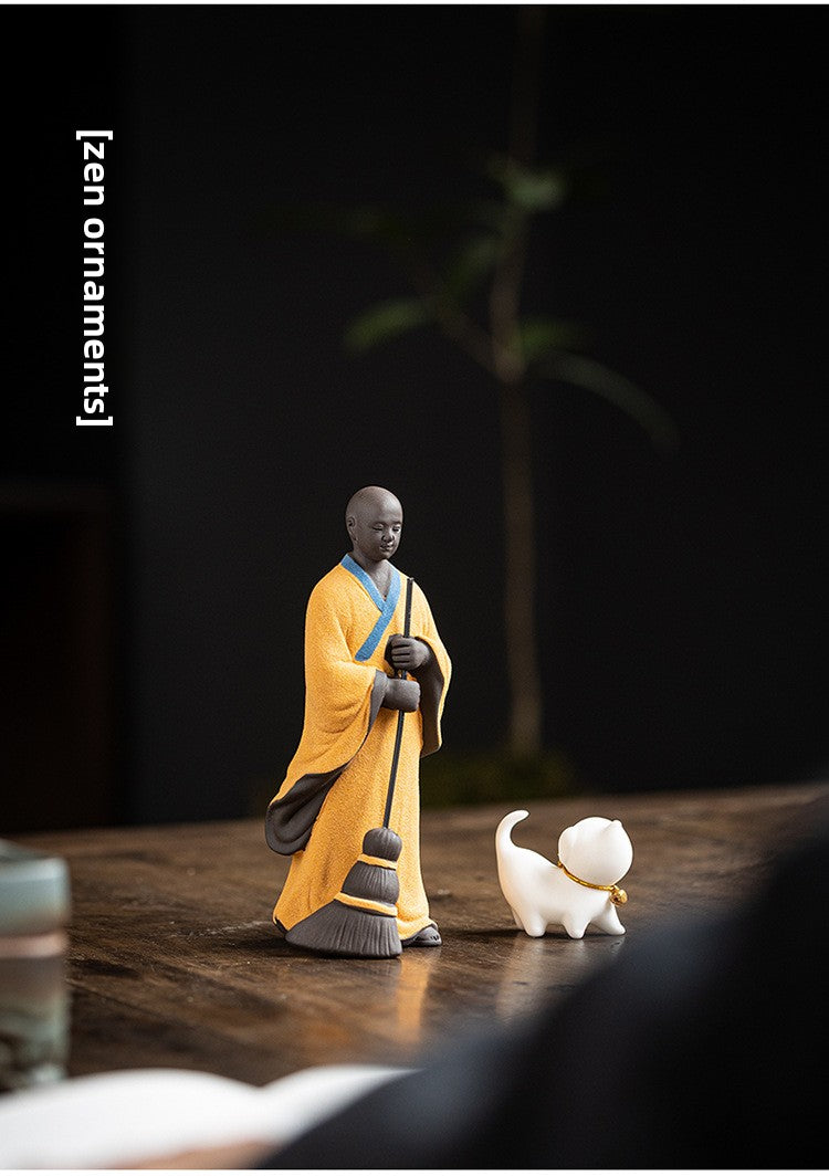zensoullab Creative Ceramic Figure Sweeping Monk Zen Little Monk Ornament Home Living Room Curio Shelf Tea Room Bonsai Decoration