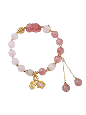 zensoullab Natural Strawberry Crystal Pink Crystal Double Bracelet for Women Strawberry Crystal Pixiu Wealth Flower Good Luck Crystal Bracelet