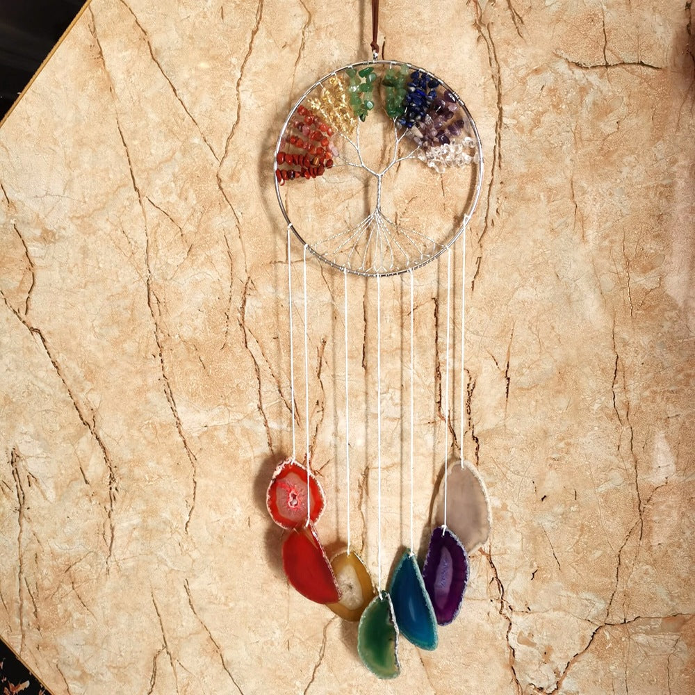 zensoullab Handmade Wrapped Natural Crushed Stone Tree of Life Agate Slice Hanging Ornament Garden Decoration Curtain Pendant