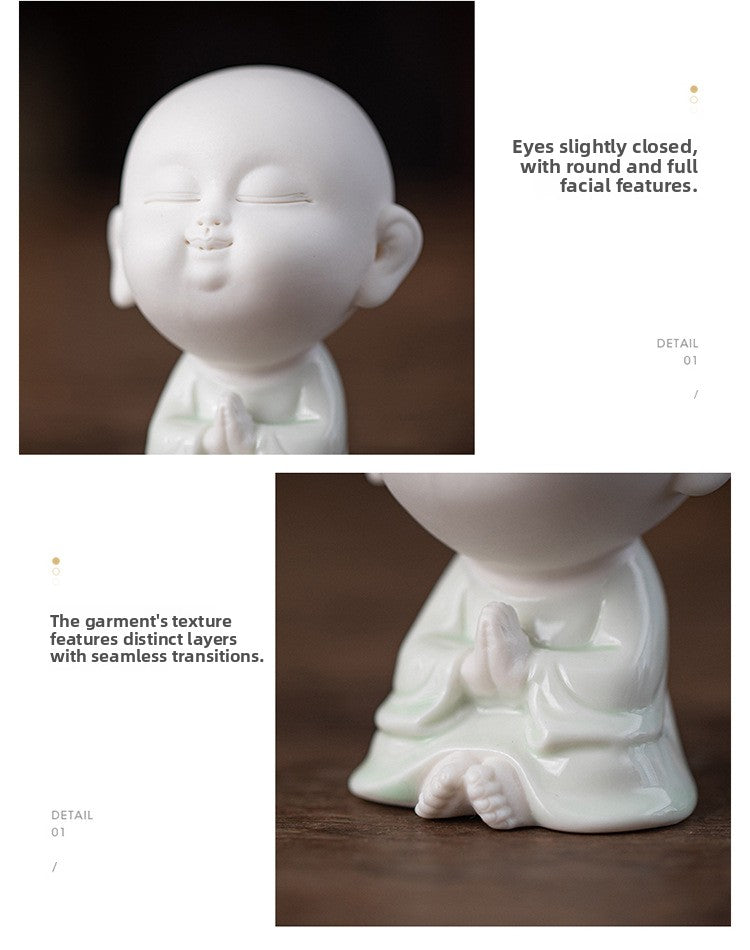 Zensoullab Cute Ceramic Monk Decoration Zen Decoration Fish Tank Landscape Celadon Samanera Tea Ornaments Tea Set Table-Top Decoration