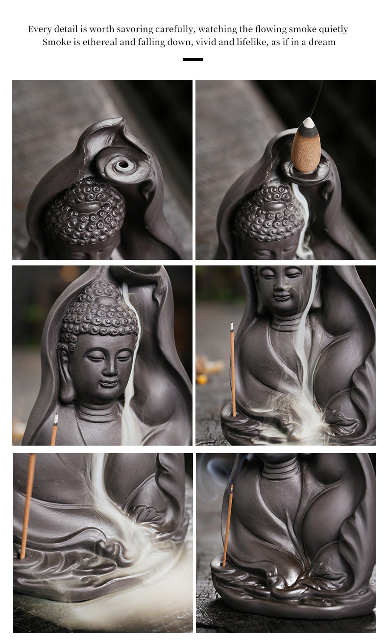 zensoullab Purple Clay Sandalwood Backflow Incense Burner Creative Bodhi Leaf Tathagata Buddha Smoke Backflow Incense Burner Craft Ornament