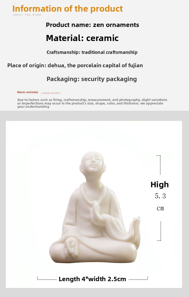 zensoullab Zen Ceramic Figure Chinese Style Desktop White Porcelain Small Ornament Little Monk Fish Tank Landscaping Bonsai Home Handmade Decoration