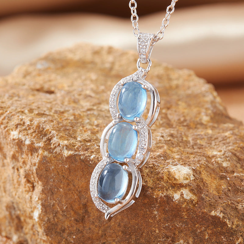 zensoullab Natural Gemstone Aquamarine Pendant Necklace for Women S925 Sterling Silver Inlaid Clavicle Chain