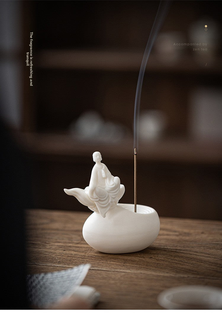 zensoullab Premium White Porcelain Incense Burner Little Monk Incense Holder Home Indoor Zen Style Formless Buddha Ornament Sandalwood Agarwood Aromatherapy Burner