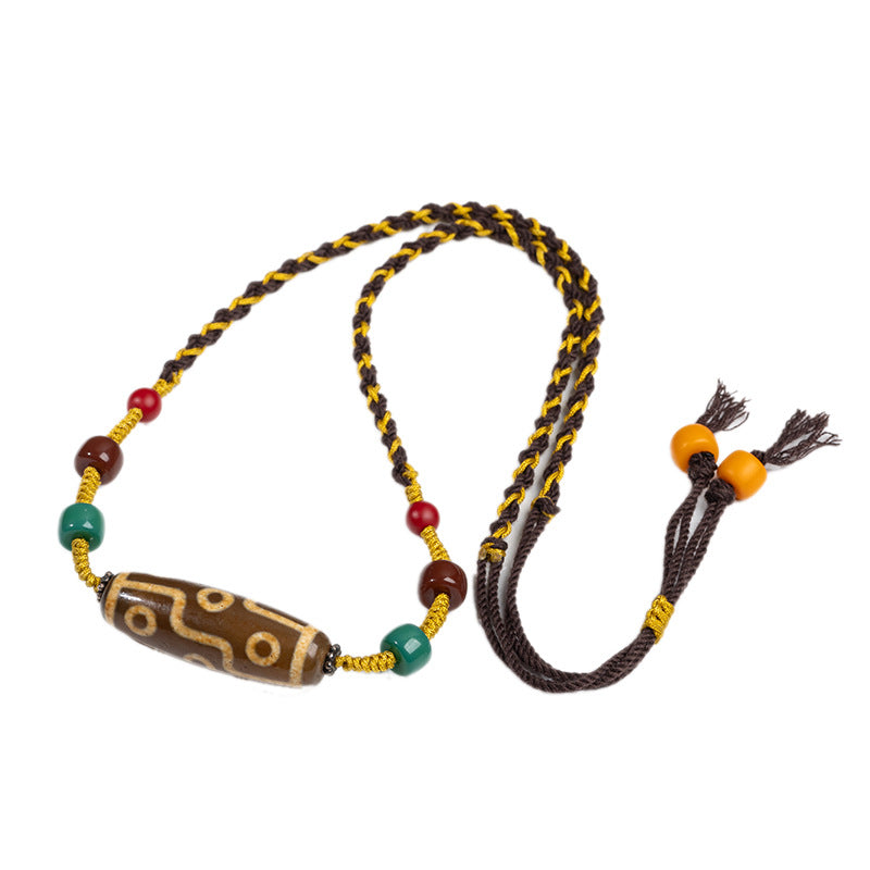 zensoullab Natural Yellow Nine-Eye Dzi Bead Necklace Taiwan Work Agate Pendant Unisex Couple Style Braided Necklace