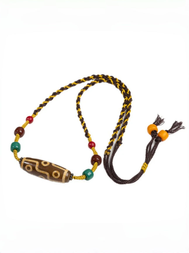 zensoullab Natural Yellow Nine-Eye Dzi Bead Necklace Taiwan Work Agate Pendant Unisex Couple Style Braided Necklace