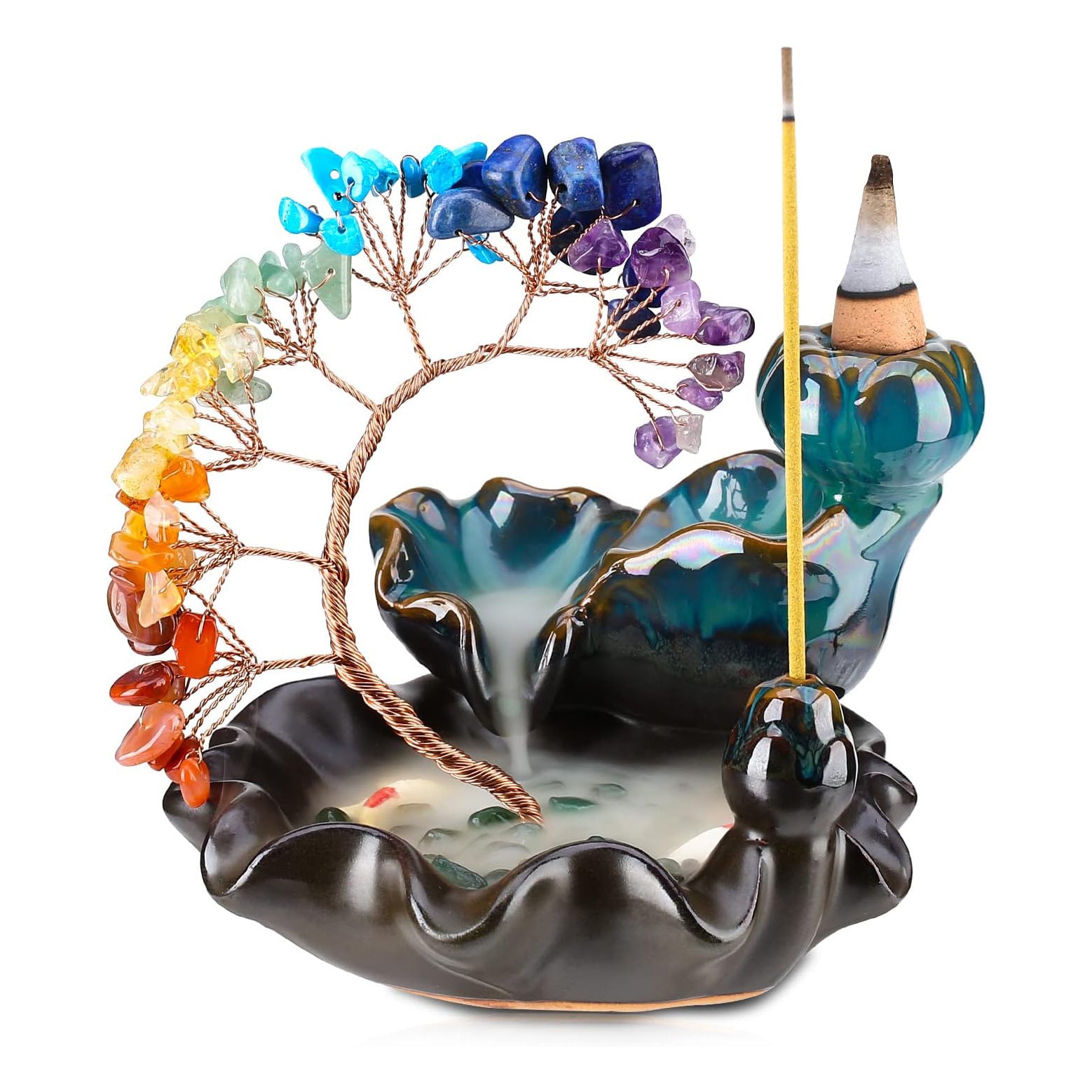 zensoullab Natural Crystal Money Tree Colorful Crystal Gravel Phoenix Tail Tree Backflow Incense Burner Wealth Tree Home Desktop Ornament