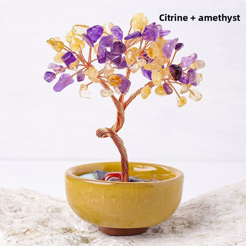 zensoullab Natural Yellow Crystal Wealth Tree Tea Cup Base Treasure Bowl Crystal Tree Crystal Money Tree Desktop Wealth-Attracting Ornament