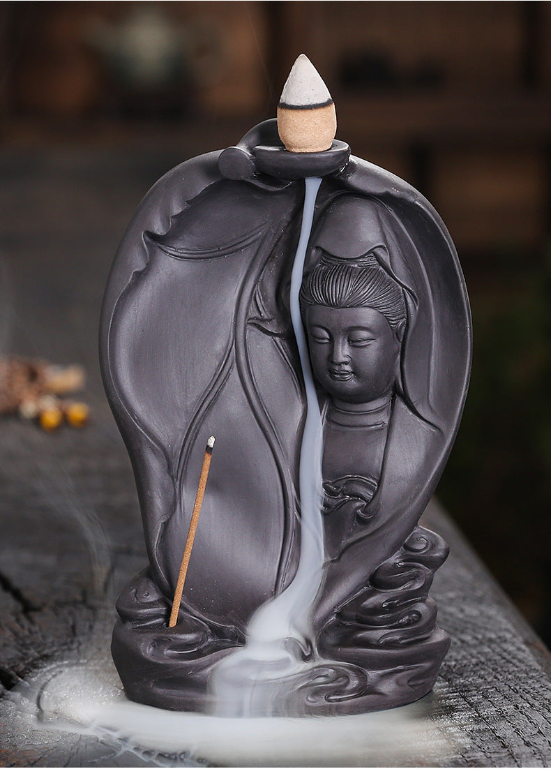 zensoullab Purple Clay Backflow Incense Burner Creative Bodhi Leaf Tathagata Guanyin Buddha Statue Backflow Incense Aromatherapy Burner Home Decor