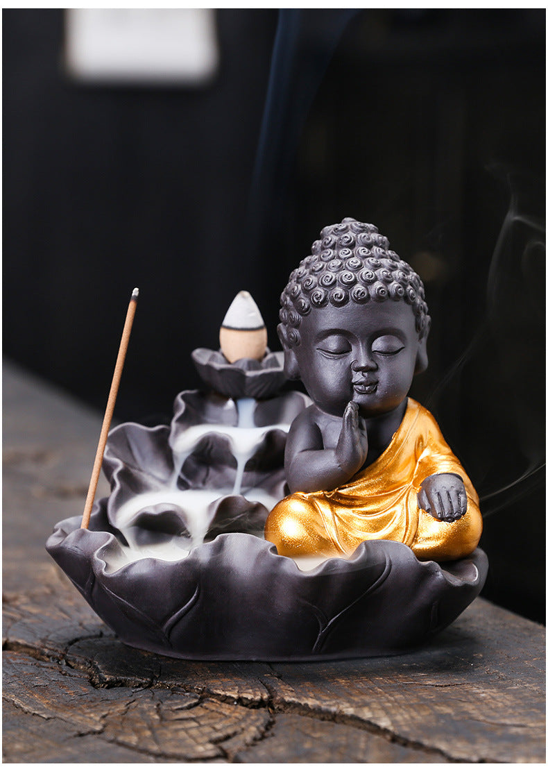 zensoullab Purple Clay Lotus Leaf Backflow Incense Burner Home Decor Creative Lotus Gold-Plated Buddha Incense Backflow Burner