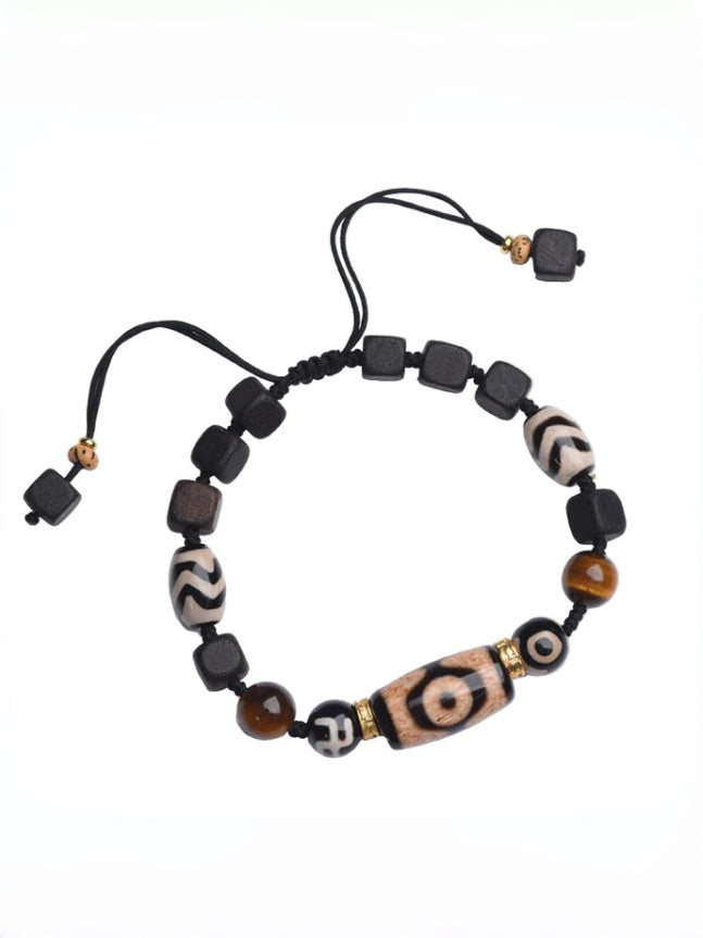 zensoullab Vintage Tibetan Style Patina Tiger Tooth Dzi Bead Agate Bracelet for Men and Women Multi-Gemstone Ethnic Style Hand String