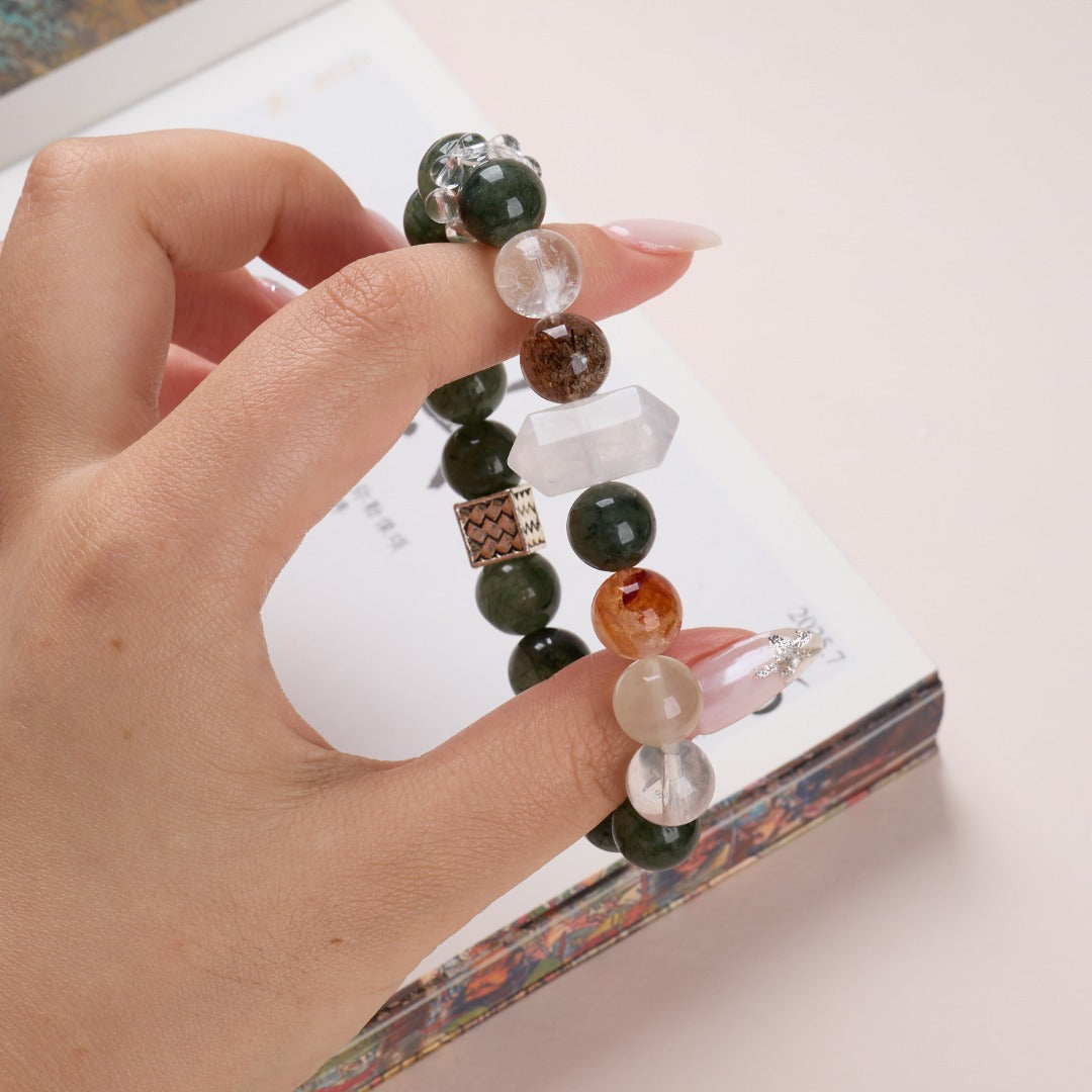 zensoullab Natural 10MM Green Rutilated Quartz Bracelet for Women Good Luck White Crystal Red Agate Flower Multi-Gemstone Crystal Bracelet