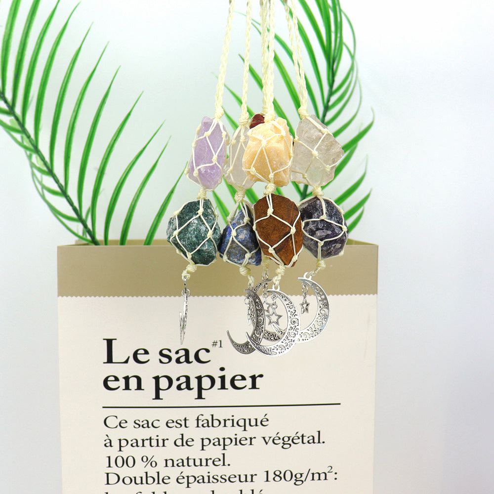 zensoullab Handmade Woven Raw Stone Crystal Pendant Star Moon Net Bag Car Hanging Amethyst Ornament