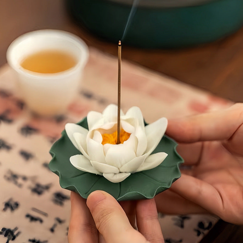 zensoullab Creative Ceramic Lotus Incense Holder Ornament Tea Pet Handmade Artificial Flower Home Small Incense Burner Incense Burner Agarwood Holder