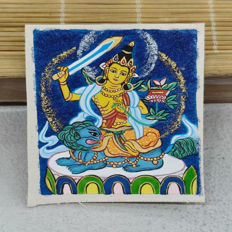 zensoullab Thangka Hand-painted Small Thangka Samantabhadra Green Tara Yellow Wealth God Manjushri Four-armed Guanyin Tibetan Small Thangka Pendant