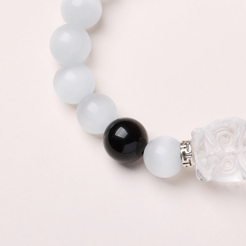 zensoullab520 Natural Obsidian Lion Awakening White Moonlight Cat's Eye Crystal Bracelet