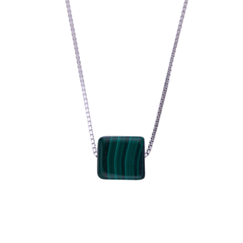 zensoullab Jewelry Minimalist Style Square Pendant S925 Sterling Silver Malachite Necklace Women's Jewelry Simple Collarbone Chain