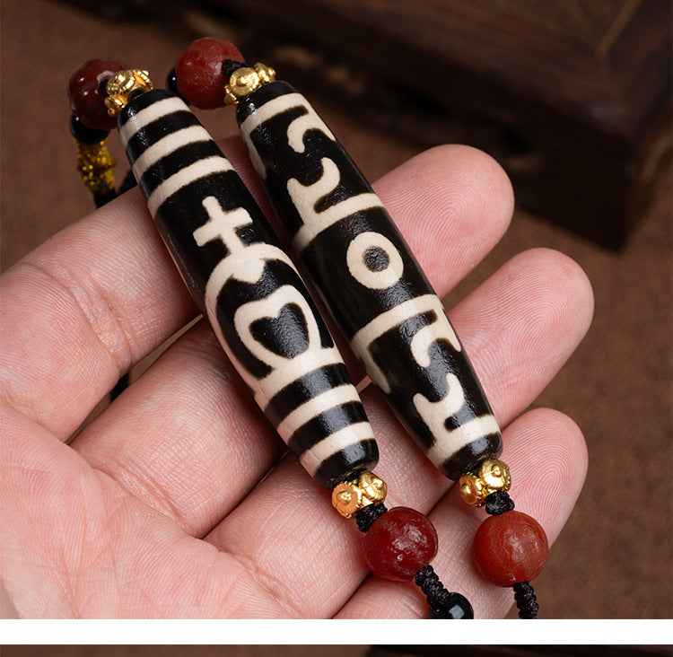 zensoullab Natural Tibetan Guru Rinpoche Three-Eyed Dzi Bead Necklace Agate Pendant Unisex Braided Necklace In Stock