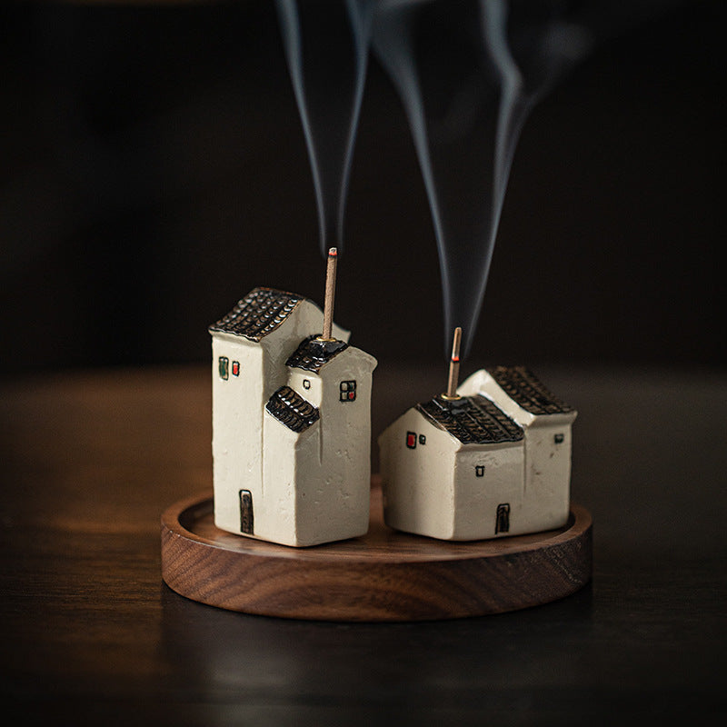 zensoullab Jiangnan Style Ceramic Mini Small House Incense Socket Zen Tea Room Tea Table Ancient Style Small Incense Burner Incense Holder Ornament